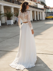 A-line Two Pieces Lace Wedding Dress Long Sleeve Rustic Country Wedding Dresses KTC011|Selinadress
