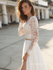 A-line Two Pieces Lace Wedding Dress Long Sleeve Rustic Country Wedding Dresses KTC011|Selinadress