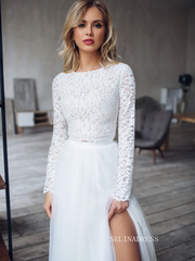 A-line Two Pieces White Wedding Dress Lace Long Sleeve Rustic Country Wedding Dresses KTC006|Selinadress