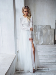 A-line Two Pieces White Wedding Dress Lace Long Sleeve Rustic Country Wedding Dresses KTC006|Selinadress