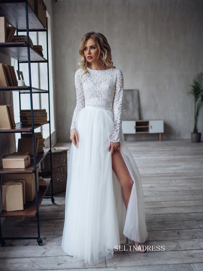 A-line Two Pieces White Wedding Dress Lace Long Sleeve Rustic Country Wedding Dresses KTC006|Selinadress