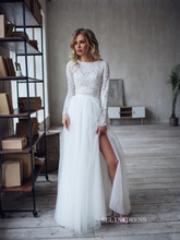 A-line Two Pieces White Wedding Dress Lace Long Sleeve Rustic Country Wedding Dresses KTC006|Selinadress