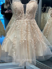 A-line V neck Beautiful Lace Short Prom Dress Cute Tulle Homecoming Dress LOP018|Selinadress