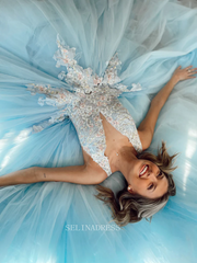 A-line V neck Blue Long Prom Dress Applique Beaded Formal Dresses Evening Dress KPY047|Selinadress