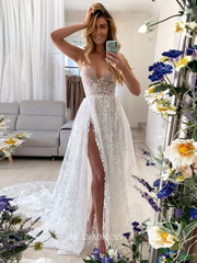 A-line V neck Boho Wedding Dresses See Through Rustic Wedding Dress KPY063|Selinadress