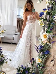 A-line V neck Boho Wedding Dresses See Through Rustic Wedding Dress KPY063|Selinadress