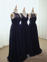 A-line V neck Dark Navy Bridesmaid Dress Cheap Lacw Bridesmaid Dresses BRD010|Selinadress