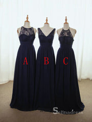 A-line V neck Dark Navy Bridesmaid Dress Cheap Lacw Bridesmaid Dresses BRD010|Selinadress