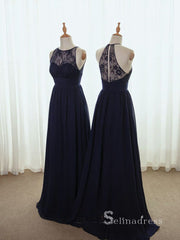 A-line V neck Dark Navy Bridesmaid Dress Cheap Lacw Bridesmaid Dresses BRD010|Selinadress