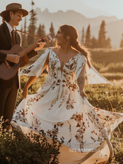 A-line V neck Half Sleeve Embroidery Long Wedding Dress Rustic Formal Evening Dresses KTC002|Selinadress