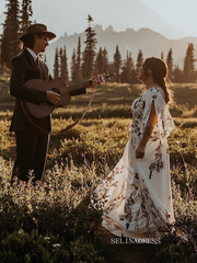 A-line V neck Half Sleeve Embroidery Long Wedding Dress Rustic Formal Evening Dresses KTC002|Selinadress