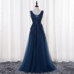 A-Line V-neck Lace Prom Dress Dark Navy Long Formal Gowns Dress Evening Dresses SE005