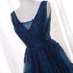 A-Line V-neck Lace Prom Dress Dark Navy Long Formal Gowns Dress Evening Dresses SE005