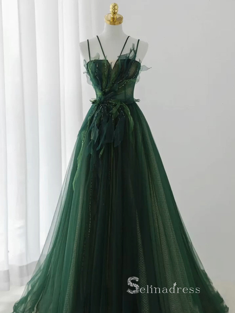 A-line V neck Long Prom Dress Modest Green Beaded Evening Dresses GKF027|Selinadress