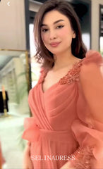 A-line V neck Long Sleeve Long Prom Dress Cheap Beaded Evening Dresses HLK029|Selinadress