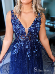 A-line V neck Navy Prom Dresses Sparkly Long Evening Gowns CBD481|Selinadress