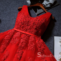 A-line V neck Red Short Prom Dress Lace Applique Juniors Homecoming Dress MHL053|Selinadress