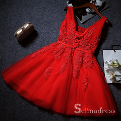 A-line V neck Red Short Prom Dress Lace Applique Juniors Homecoming Dress MHL053|Selinadress