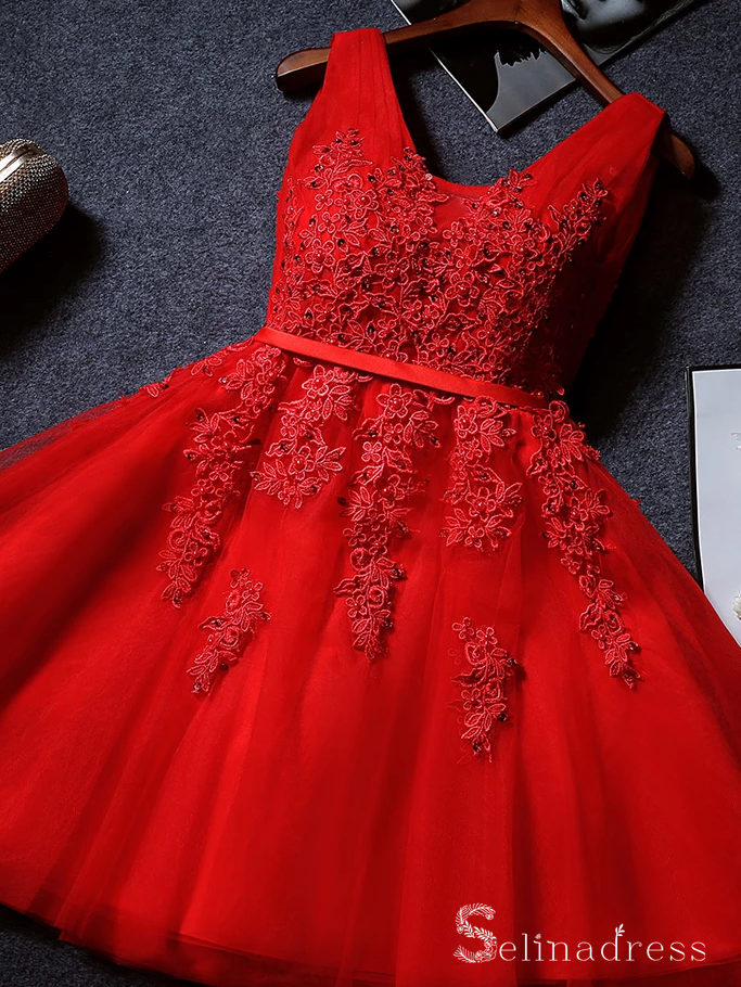 A-line V neck Red Short Prom Dress Lace Applique Juniors Homecoming Dr –  SELINADRESS