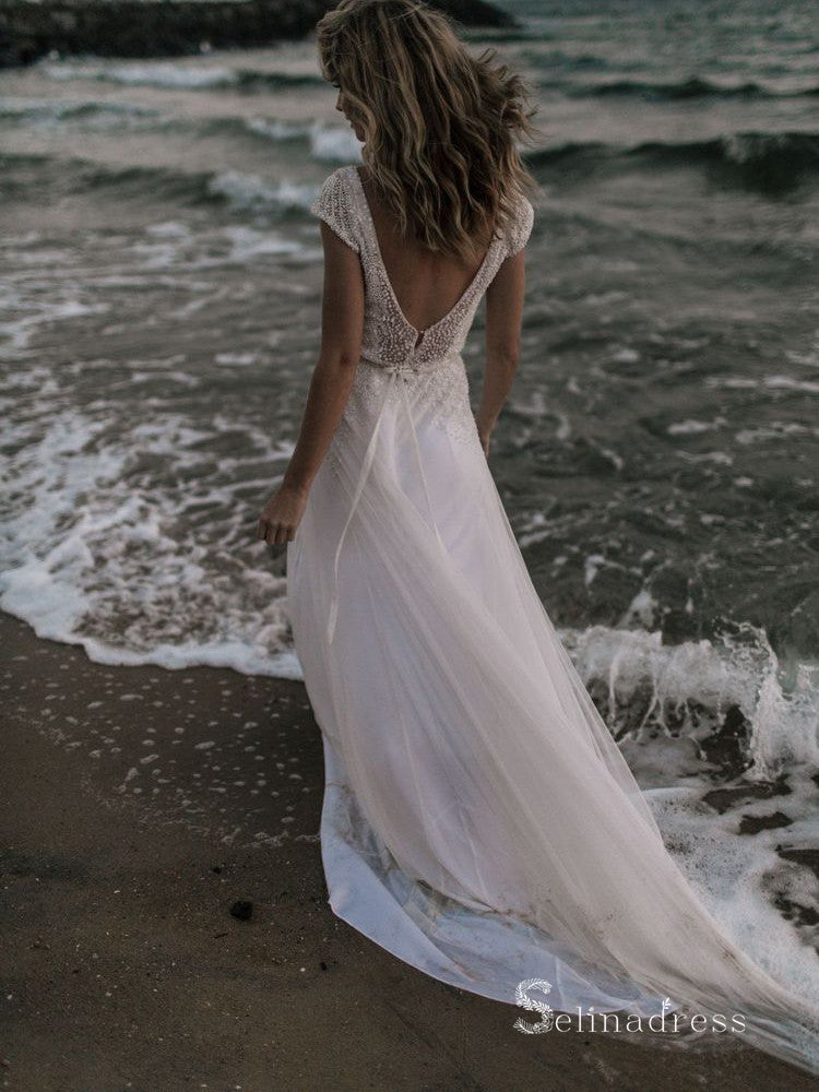 A-line V neck Short Sleeve Beach Wedding Dress White Sequins Bridal Go –  SELINADRESS