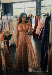 A-line V neck Sparkly Long Prom Dresses Open Back Charming Prom Dress #SED185 | Selinadress