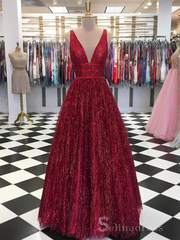 A-line V neck Sparkly Long Prom Dresses Open Back Charming Prom Dress #SED185 | Selinadress