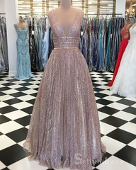 A-line V neck Sparkly Long Prom Dresses Open Back Charming Prom Dress #SED185 | Selinadress
