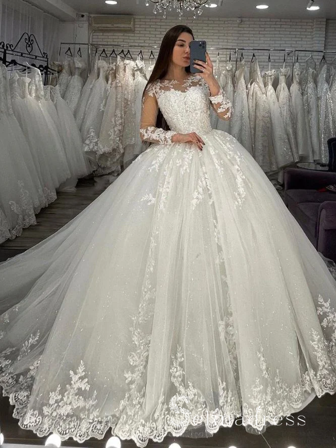Ball Gown Long Sleeve Applique Lace Wedding Dresses Bridal Gowns MLD001