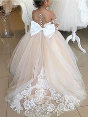 Ball Gown Long Sleeve Applique See Through Flower Girl Dresses With Bowknot GRS028|Selinadress