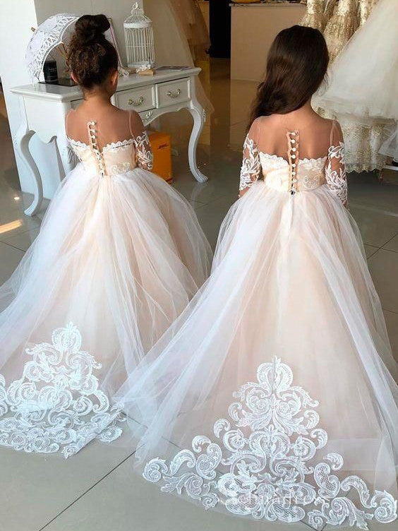 Ball Gown Long Sleeve Applique See Through Flower Girl Dresses With Bowknot GRS028|Selinadress