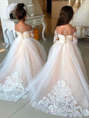 Ball Gown Long Sleeve Applique See Through Flower Girl Dresses With Bowknot GRS028|Selinadress