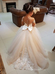 Ball Gown Long Sleeve Applique See Through Flower Girl Dresses With Bowknot GRS028|Selinadress
