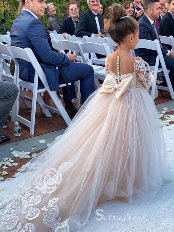 Ball Gown Long Sleeve Applique Tulle Cute Flower Girl Dresses With Bowknot GRS027|Selinadress