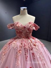 Ball Gown Off-the-shoulder Pink Luxury Prom Dress 3D Floral Quincess Evening Gowns RSM67469|Selinadress
