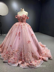 Ball Gown Off-the-shoulder Pink Luxury Prom Dress 3D Floral Quincess Evening Gowns RSM67469|Selinadress