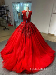 Ball Gown Scoop Neck Red Luxury Prom Dress Beaded Quincess Evening Gowns RSM67319|Selinadress