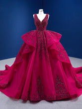 Ball Gown V neck Burgundy Beaded Long Prom Dress Unique Evening Gowns MLH0450|Selinadress