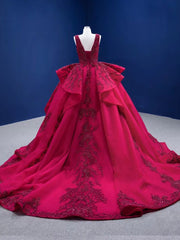 Ball Gown V neck Burgundy Beaded Long Prom Dress Unique Evening Gowns MLH0450|Selinadress