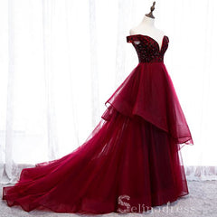 Beautiful Off-The-Shoulder Burgundy Evening Dresses Princess Beading Crystal Formal Dresses #SED206 | Selinadress
