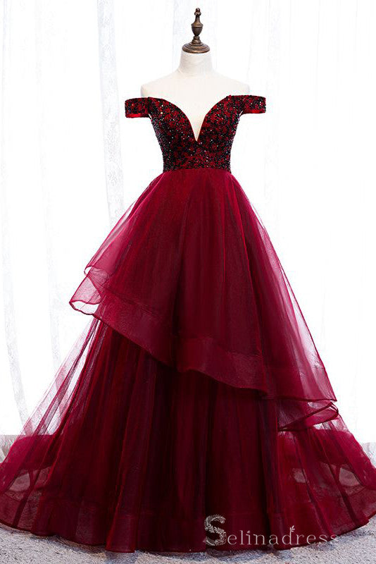 Beautiful Off-The-Shoulder Burgundy Evening Dresses Princess Beading Crystal Formal Dresses #SED206 | Selinadress