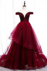 Beautiful Off-The-Shoulder Burgundy Evening Dresses Princess Beading Crystal Formal Dresses #SED206 | Selinadress