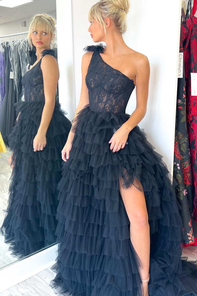 Black Lace One Shoulder Multi-Tiered A-line Ball Gown with Ruffles Prom Dress #QWE008|Selinadress