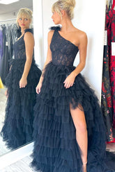 Black Lace One Shoulder Multi-Tiered A-line Ball Gown with Ruffles Prom Dress #QWE008|Selinadress