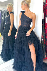 Black Lace One Shoulder Multi-Tiered A-line Ball Gown with Ruffles Prom Dress #QWE008|Selinadress
