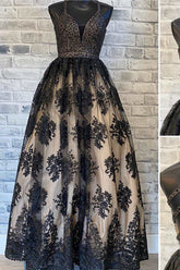Glamorous Black Floral Lace Cutout Back Prom Gown Beaded Prom Dress #QWE009