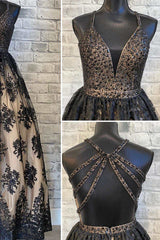 Glamorous Black Floral Lace Cutout Back Prom Gown Beaded Prom Dress #QWE009