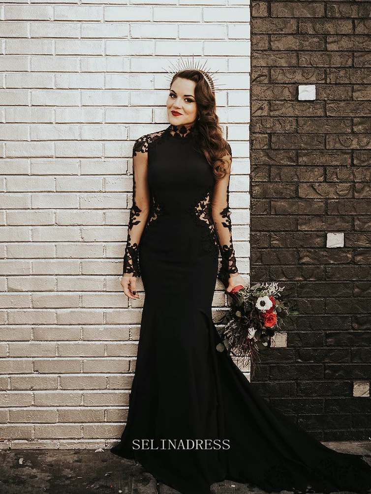 Black Lace Wedding Dress Mermaid High Neck Wedding Dress See Through B SELINADRESS Black Lace Wedding Dress Mermaid High Neck Wedding Dress See Through B SELINADRESS