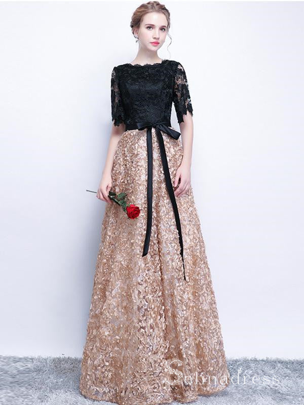 Black Long Prom Dresses A-line Half Sleeve Long Prom Dress Lace Evening Dress SED130