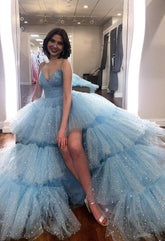 Blue v neck tulle high low prom dress blue tulle formal dress SDE009