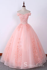 Blush Pink Long Prom Dresses Ball Gown Off-the-shoulder Lace Formal Evening Gowns SED119
